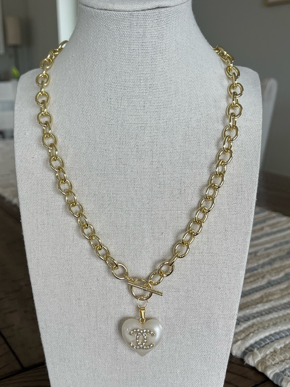 Upcycled Authentic Stamped A25V Chanel Crystal CC Heart Charm on 14K GP Necklace